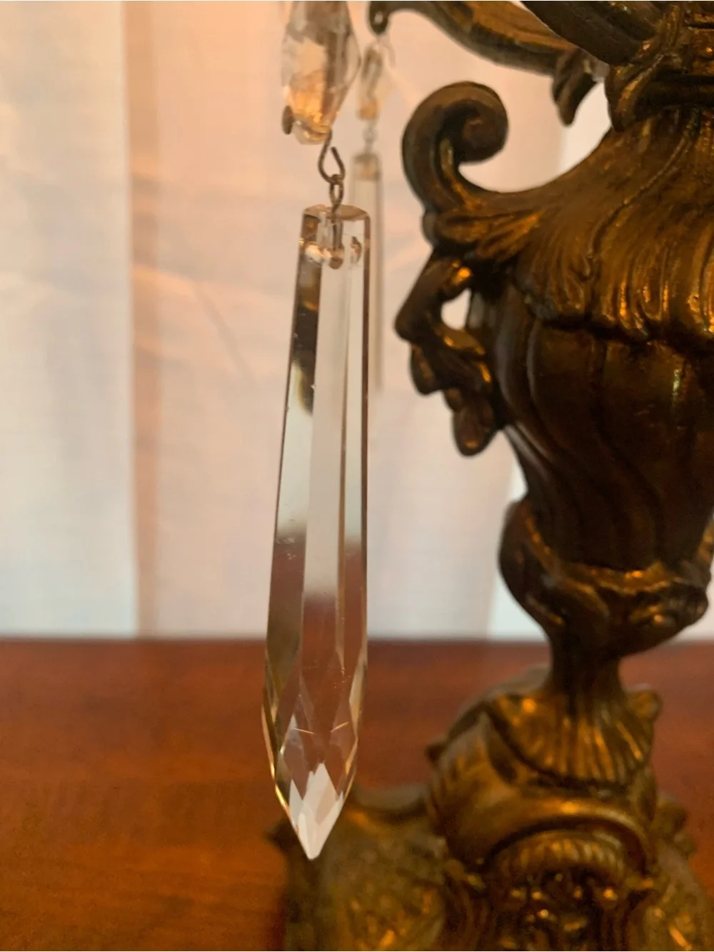 Ornate Brass Four Arm Candelabra Pair in Gold.  Glass tear drops